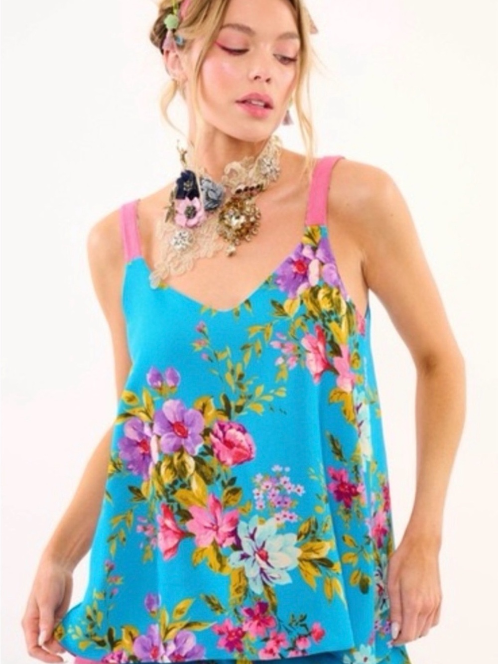Aratta Turquoise Floral V-Neck Reversible Cami with Pink Straps